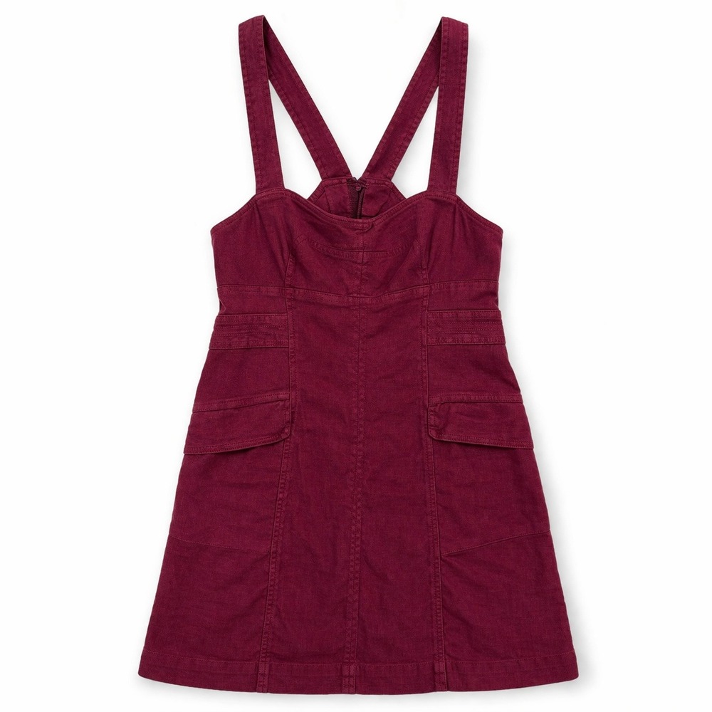 Anthropologie Burgundy Linen Mini Dress Cargo Pockets utility Size 0 Academia